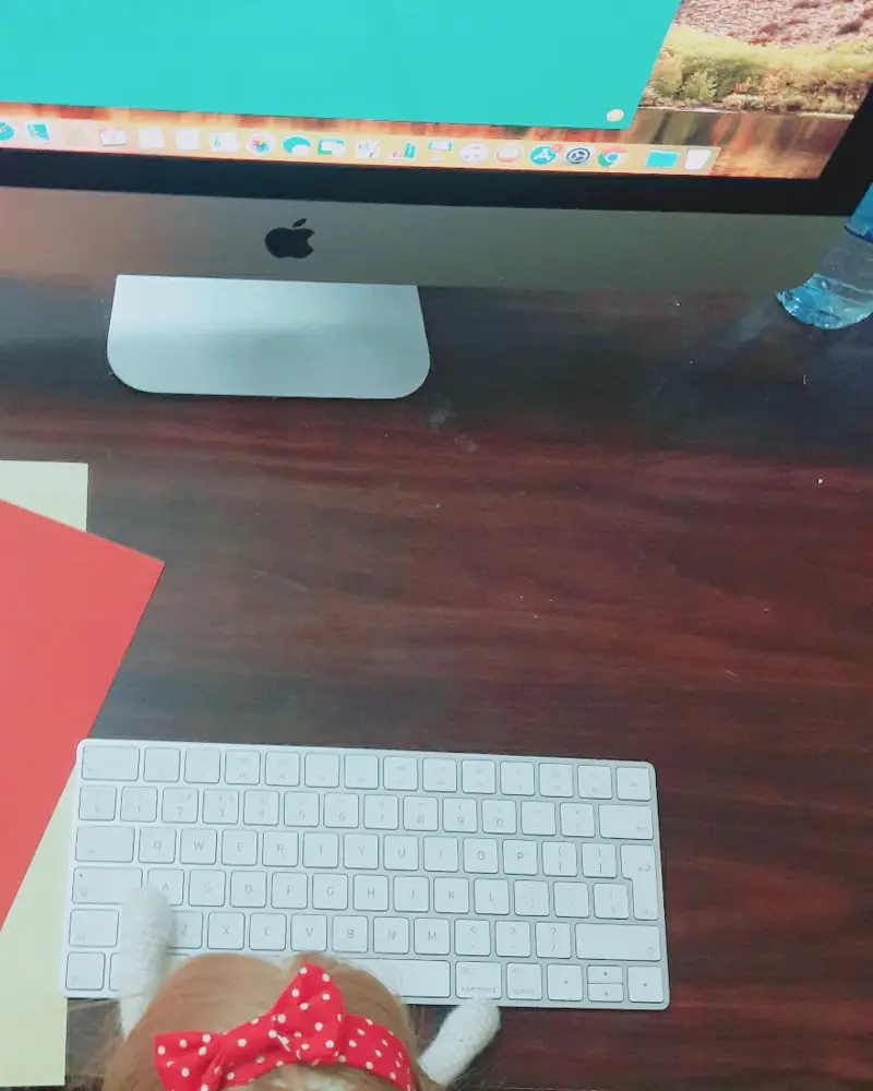 The doll at a keyboard in front of an iMac showing a website we built